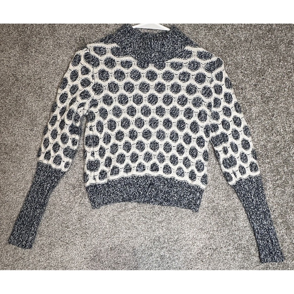 Club Monaco Honeycomb Knit Mock Neck Alpaca Blend Sweater XS Blue Ivory Crop